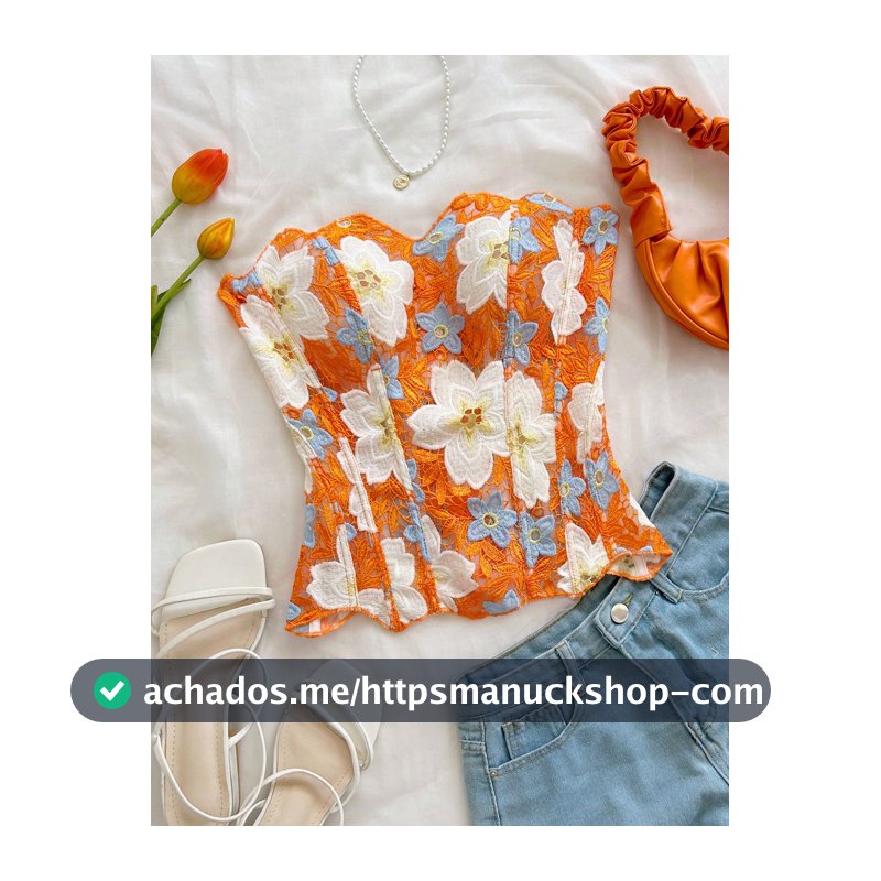 Soleia Top Bustier Corset Ajustado de Duas Camadas com Renda, Estilo Boho Romântico Sexy, Floral Laranja, Vazado Bordado, Bandeau para Férias de Verão, Encontro Noturno Feminino