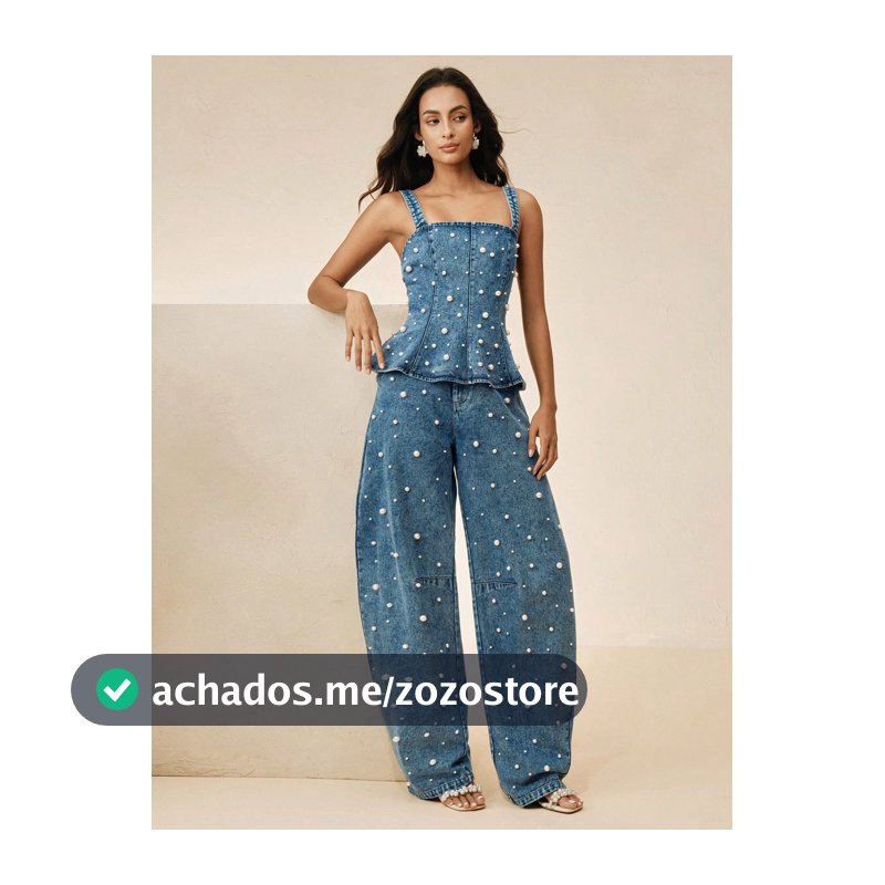 Anewsta Conjunto Feminino de Verão, Conjunto Feminino Moderno e Fashionável de Luxo Leve com Design de Contas de Pérolas Resistente, Top Regata com Design de Nicho com Babado na Barra e Cintura Marcada Combinado com Denim Jeans Curvo Elegante de Cintura Alta, Conjunto Jeans Azul Feminino, Perfeito p...