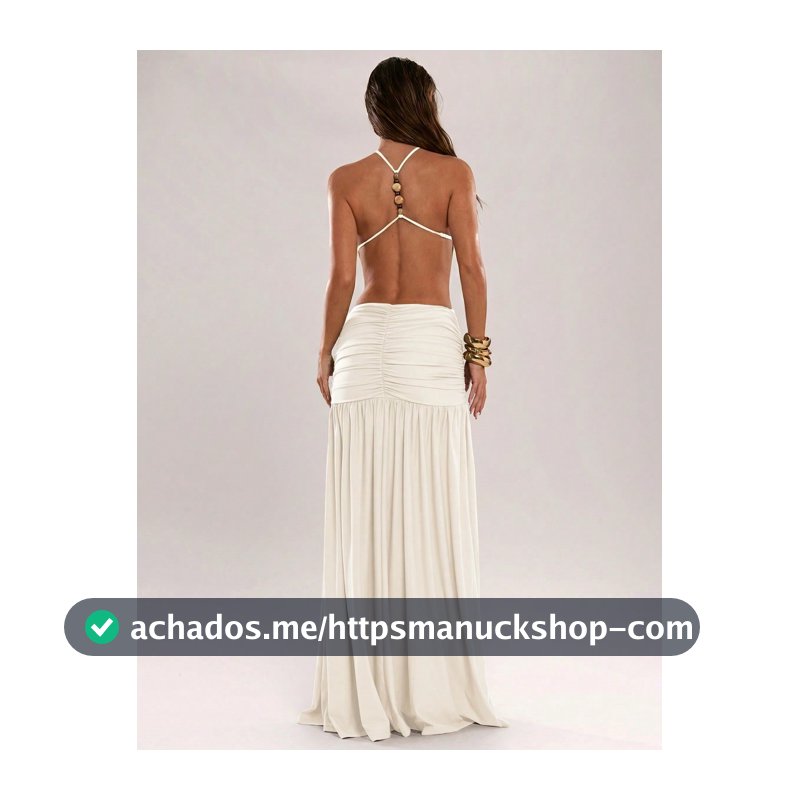 SHEIN BAE Vestido Casual de Férias Feminino de Cor Sólida com Decoração de Contas, Decote Halter e Costas Abertas, Adequado para Férias na Praia, Praia, Viagem, Férias Boêmias, Vestido Verde, Vestido Elegante e Sexy