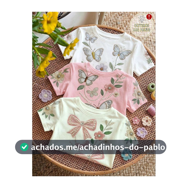 Flores Prensadas, Camiseta de Flores Silvestres Boho, Botânica Vintage, Relaxada, Camiseta Básica de Manga Curta com Gola Redonda Minimalista Casual para Menina Jovem, Conjunto de 3 Peças, Adequado para Primavera e Verão
