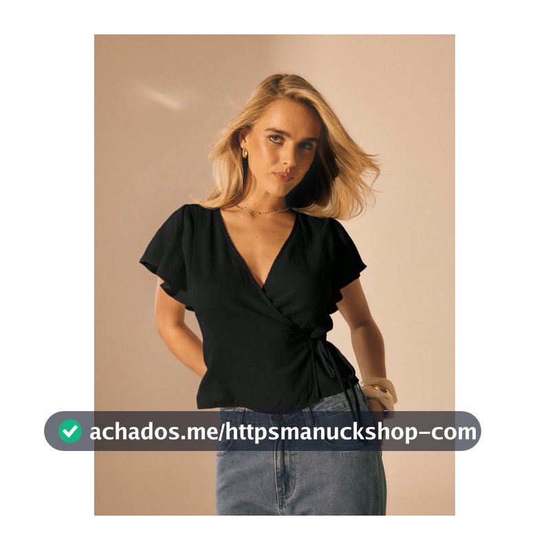 Aralina Top Feminina Elegante com Decote em V, Manga Curta, Babados e Estilo Envolvente, Top de Linho para Looks de Verão, Estilo Old Money