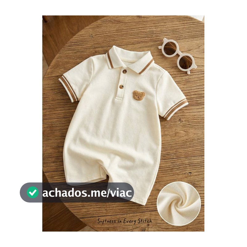 Cozy Pixies Macacão de Manga Curta com Gola de Urso Cartoon para Bebê Menino, Versátil e Confortável