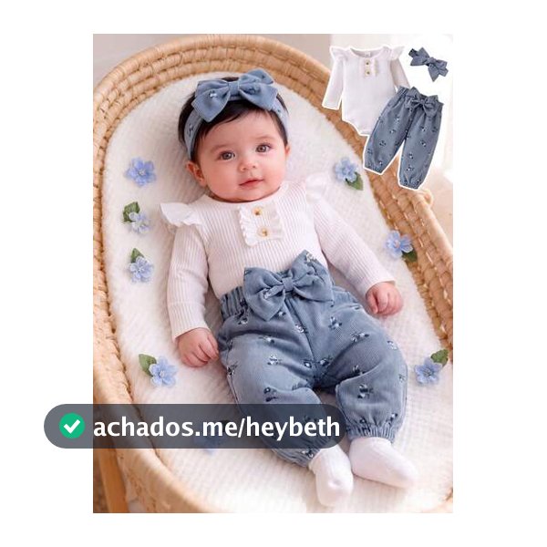 Conjunto de Bodysuit de Manga Longa com Manga Borboleta em Cor Sólida e Calça Floral Miúdo com Cintura Elástica e Laço Decorativo
