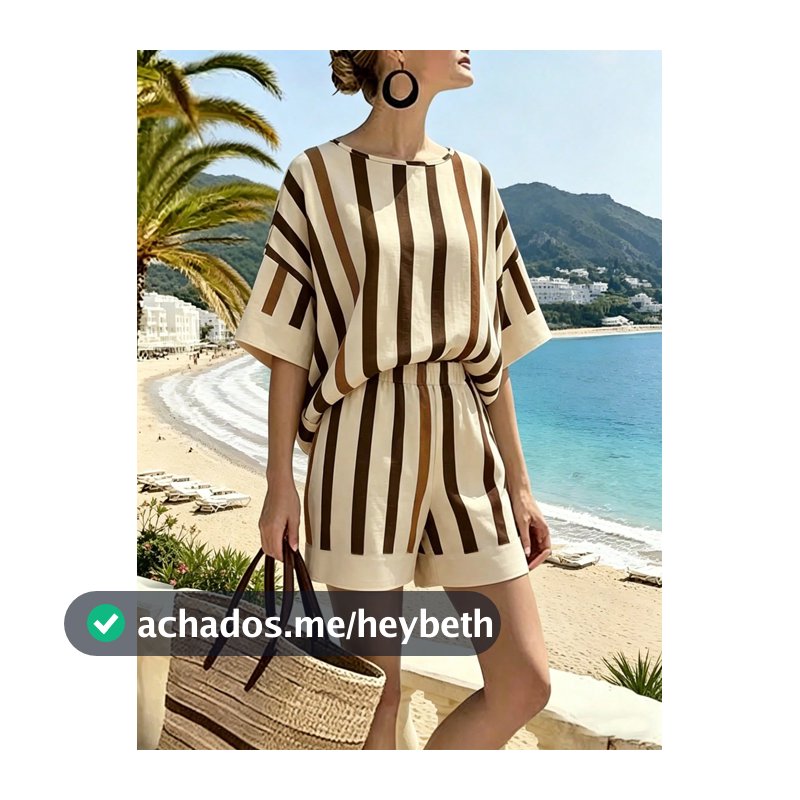 Ceyna Conjunto Casual de 2 Peças Feminino Plus Size, Moda Minimalista, Gola Redonda, Bege, para Férias na Praia e Verão