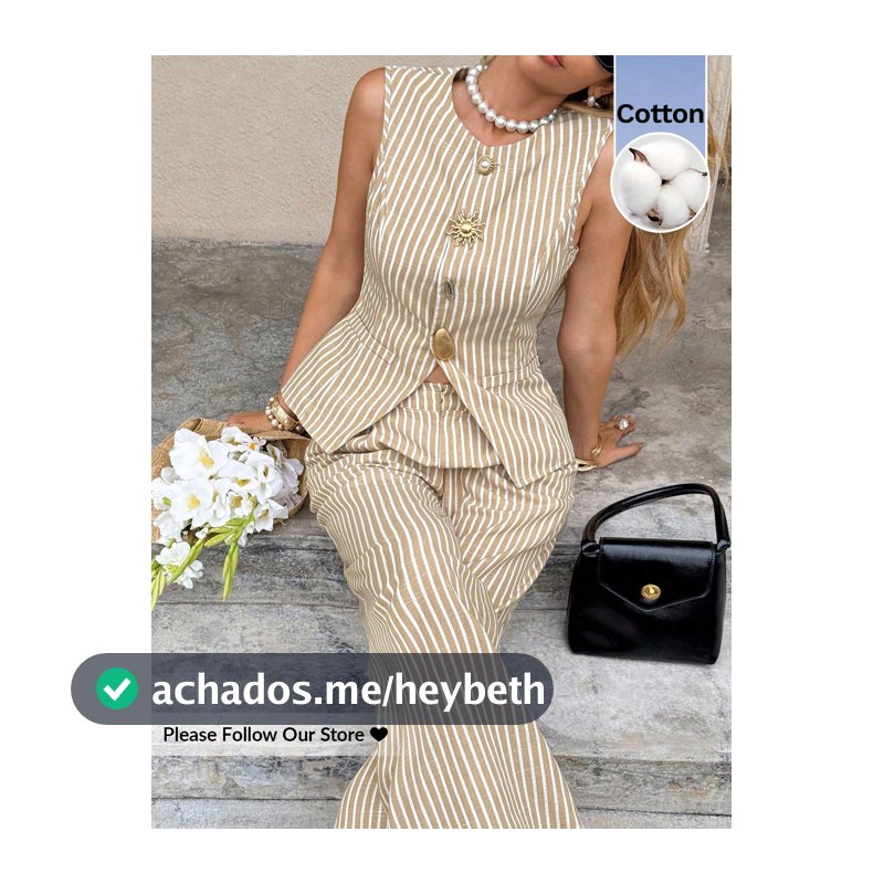 Serisse Conjunto Feminino Casual de Verão Elegante Estilo Francês para Brunch, Listras Azul e Branco, 2 Peças, 100% Algodão, Minimalista, Colete Sem Mangas e Calça Longa com Detalhe Metálico