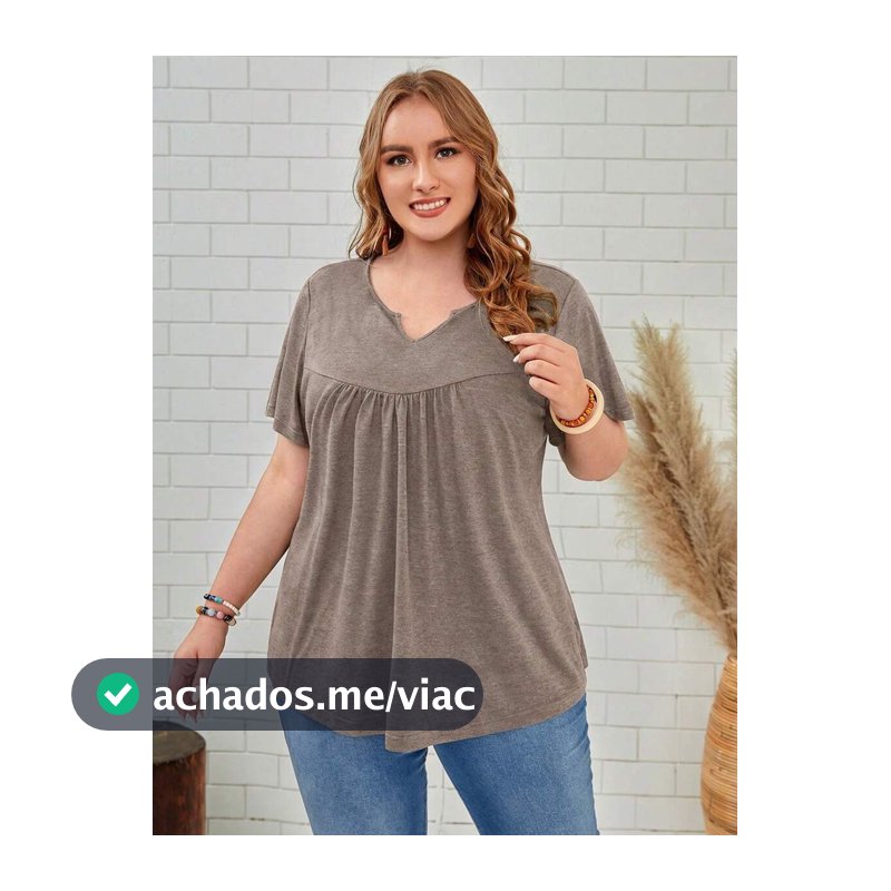 EMERY ROSE Camiseta Plus Size de Verão Casual Elegante Tradicional Cor Sólida Decote Entalhado Manga Curta Formal Roupa de Casa Férias Cinza