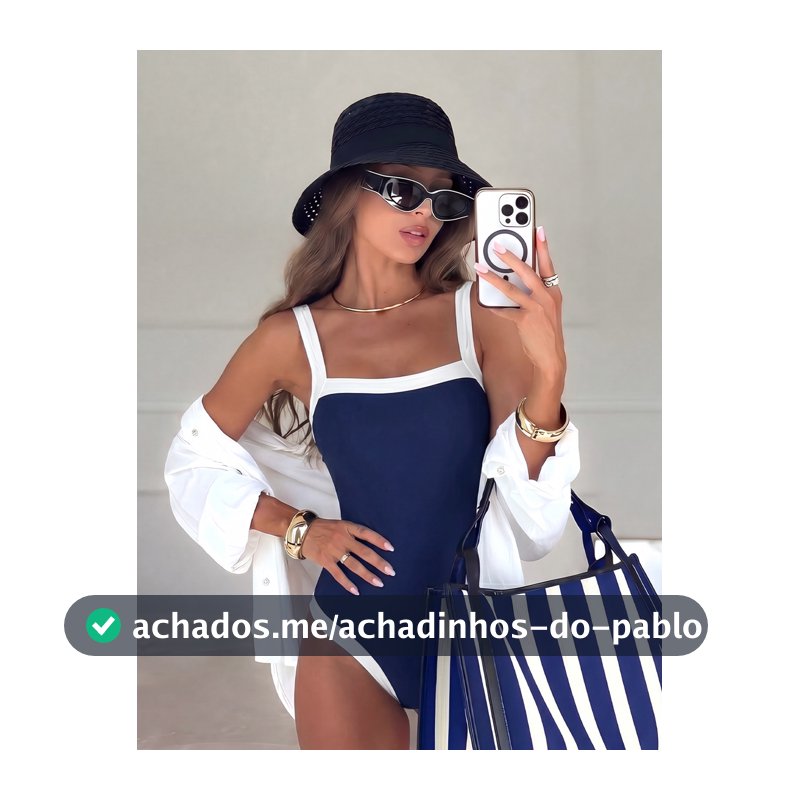 Costavie Maiô Bikini Feminino Peça Única Elegante Slim Fit com Alça de Ombro Ajustável Grossa, Bloco de Cores Azul Marinho + Branco, Primavera/Verão 2026