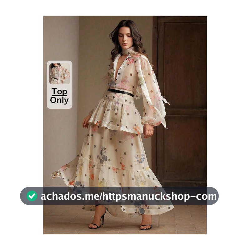 Anewsta Blusa Feminina Elegante Romântica Fada Bege Preto Estampa Floral Poá Babado Manga Lanterna Casual Outono/Inverno Festa Jardim Brunch