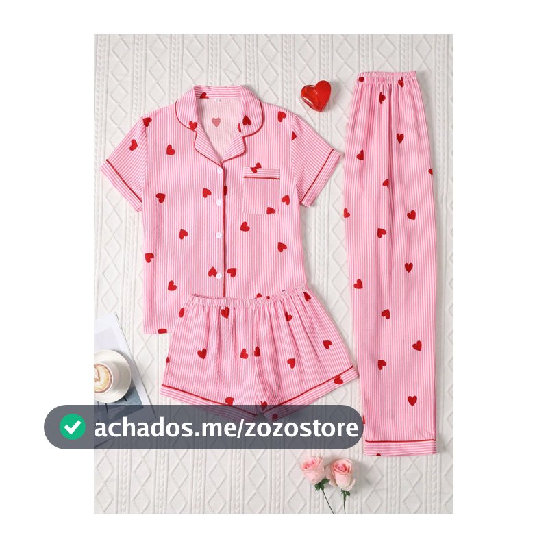 3 peças Conjunto de Pijama Feminino com Estampa de Coração Listrada Bolha Enrugada - Top de Manga Curta com Gola de Botão e Shorts + Calça Longa