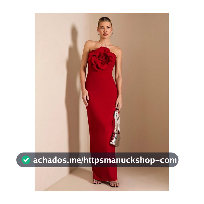 SHEIN BAE Vestido Longo Vermelho Sólido Sem Mangas Feminino, Elegante e Sexy com Decoração Romântica de Flor 3D, Adequado para Cerimônia de Formatura, Festa de Coquetel, Encontro Romântico, Camadas de Inverno, Festa, Evento Formal, Halloween, Natal, Vestido de Férias na Praia de Verão, Vestido Elega...