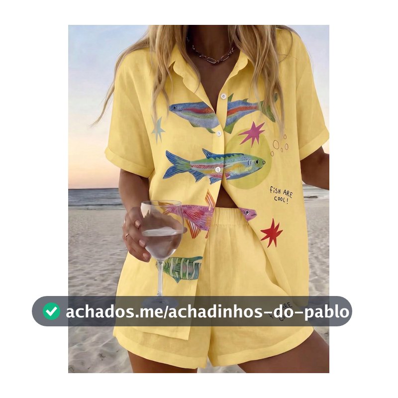 RIVANDRE Conjunto Casual Diário Feminino com Top de Manga Curta Abotoado Simples com Estampa de Letra e Peixe e Shorts