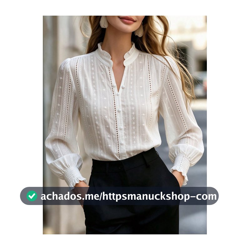 Camisa Feminina Estilo Boêmio Cor Sólida Renda Semitransparente Branca Manga Longa Gola Alta Franzida com Botões, Adequada para Casa, Escritório, Férias, Feriados, Primavera, Outono, Inverno