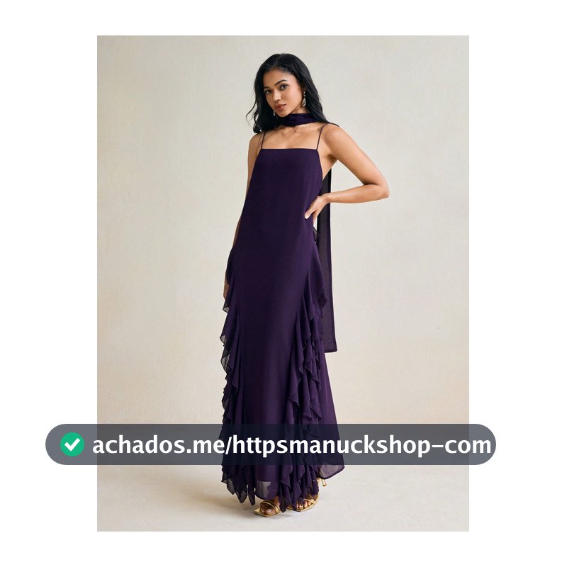 TSS Vestido Longo Maxi Chiffon Halterneck de Espaguete com Babados Laterais Roxo Escuro, Vestido Boho de Férias Elegante para Festa de Casamento, Formatura e Festa para Mulheres
