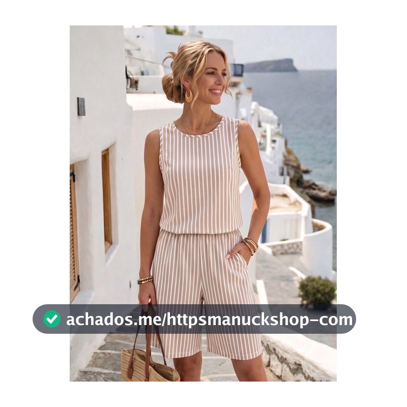 EMERY ROSE Conjunto Casual Diário de Top Listrado de Gola Redonda e Shorts para Mulheres