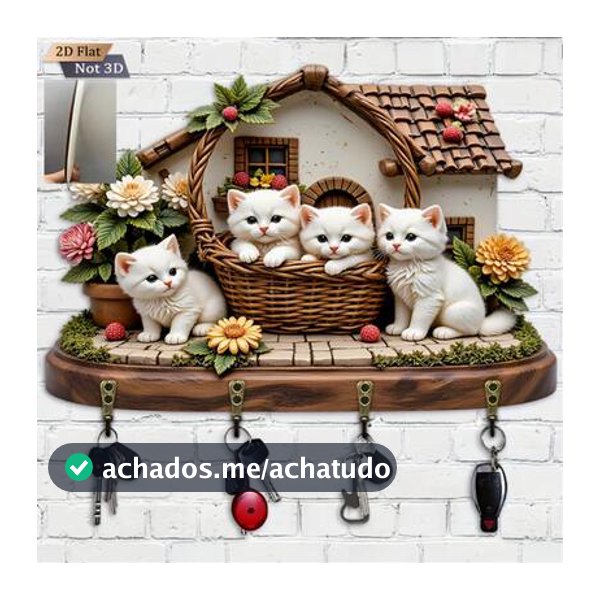 1 Peça Suporte de Chaves em Forma de Cesta Trançada Branca Plana 2D de Gato - Organizador de Chaves Decorativo