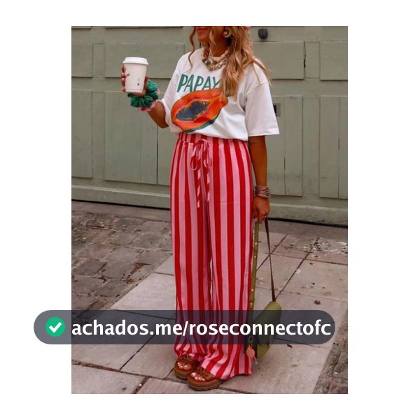 Calça Perna Larga Casual Fluida Listrada Vermelho & Rosa para Férias na Praia