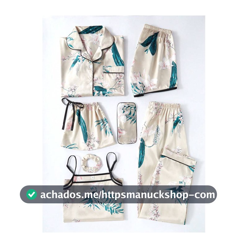 LuxeNights 7 Peças Conjunto de Pijama Estampa Floral em Cetim, Roupas de Outono e Inverno Aconchegantes e Elegantes