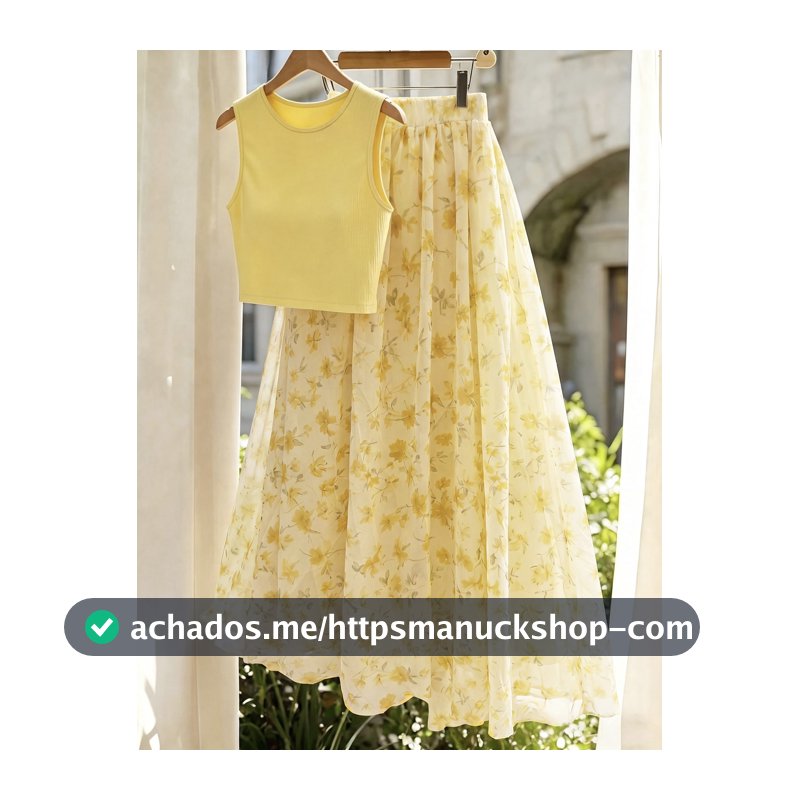 GlowEve Conjunto de Camiseta e Saia Floral Amarela Elegante Casual