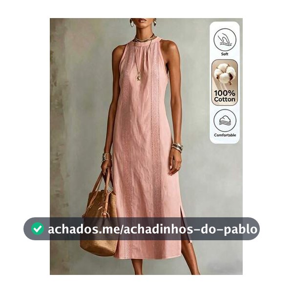 Omancia Vestido Feminino de Verão Casual Longo em Renda Rosa Antigo Liso, Estilo Tropical Europeu Elegante para Férias e Brunch
