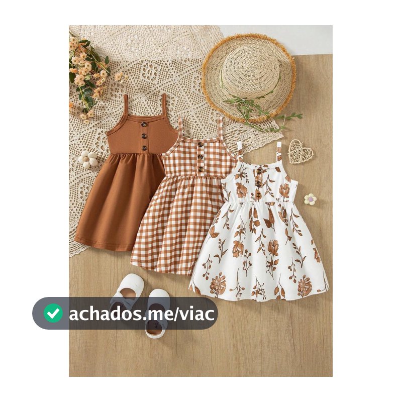 3 peças/Conjunto Vestido Regata com Estampa Floral para Meninas Bebês + Vestido Regata com Botões em Cor Sólida +