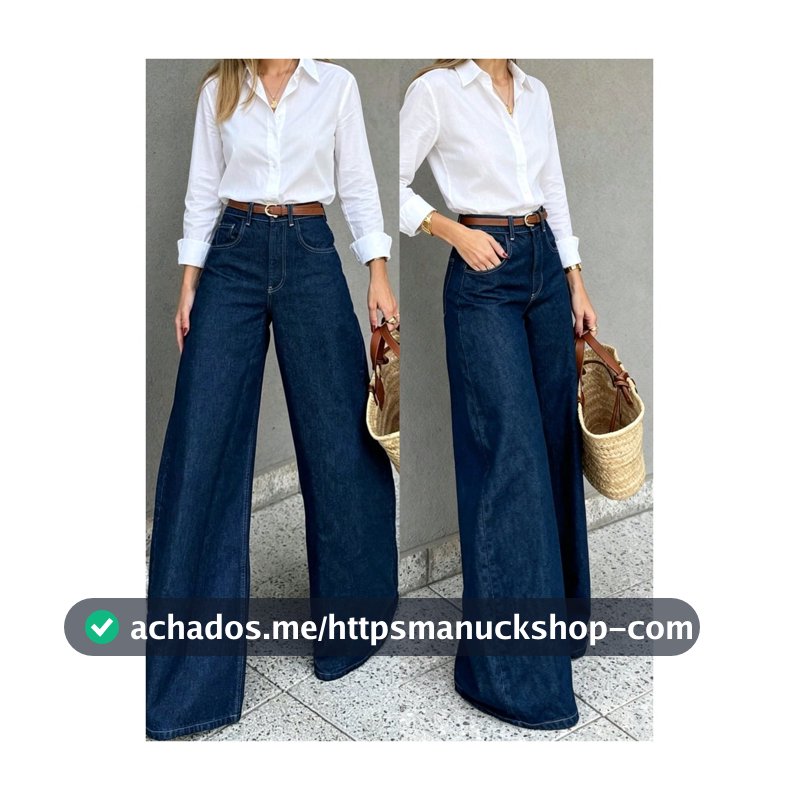 Calça Denim Feminina Casual Lavada Perna Larga, Detalhe de Botão, Tecido de Média Elasticidade Longo, Cria Look Elegante para Festa (Sem Cinto)