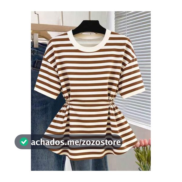 Franclia Camiseta de Manga Curta Casual Versátil para Uso Diário com Gola Redonda, Listrada e Babados