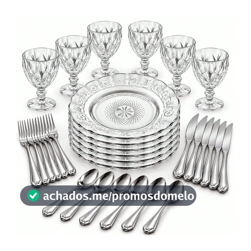 Aparelho de Mesa 30 Peças com 6 Pratos, 6 Taças e 18 Talheres em Inox para 6 Pessoas