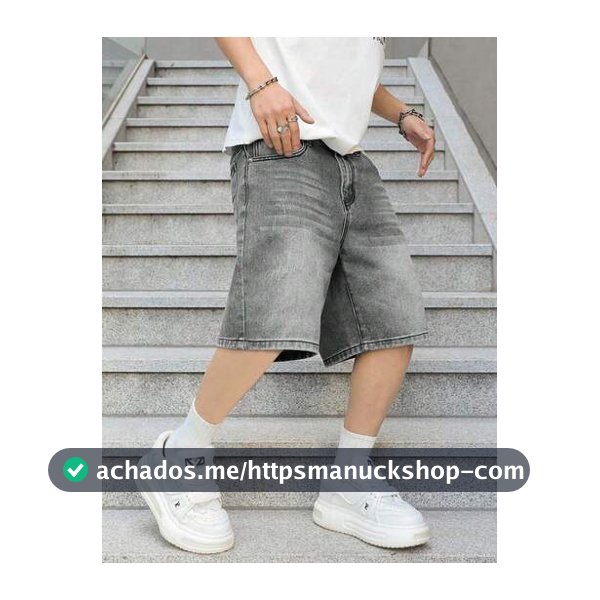 Shorts Denim Cinza Slim Fit Perna Reta Estilo Casual Europeu e Americano para Adolescentes Meninos, Streetwear