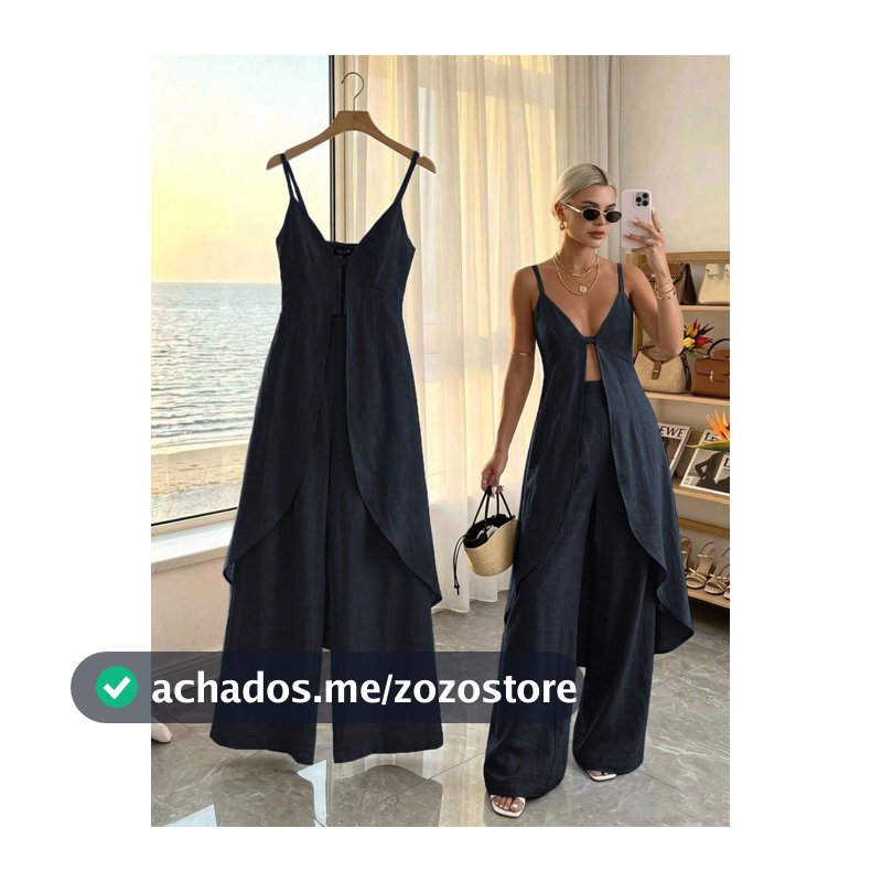 DAZY Conjunto de 2 Peças de Vestido Longo Maxi e Calça Pantalona para Mulheres, Estilo de Férias, Decote em V, Sem Mangas, Solto, Azul Marinho Sólido, Outono, Conjunto de Roupa de Descanso