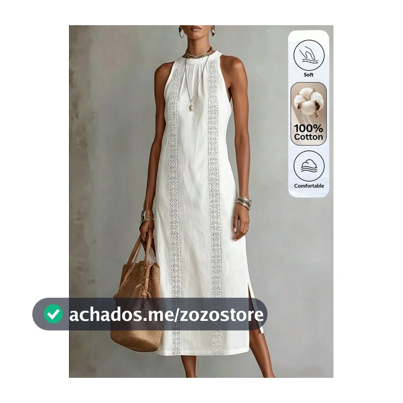 Omancia Vestido Longo Casual Boho Elegante para Mulheres, Branco Off com Detalhe em Renda, para Férias de Verão e Praia