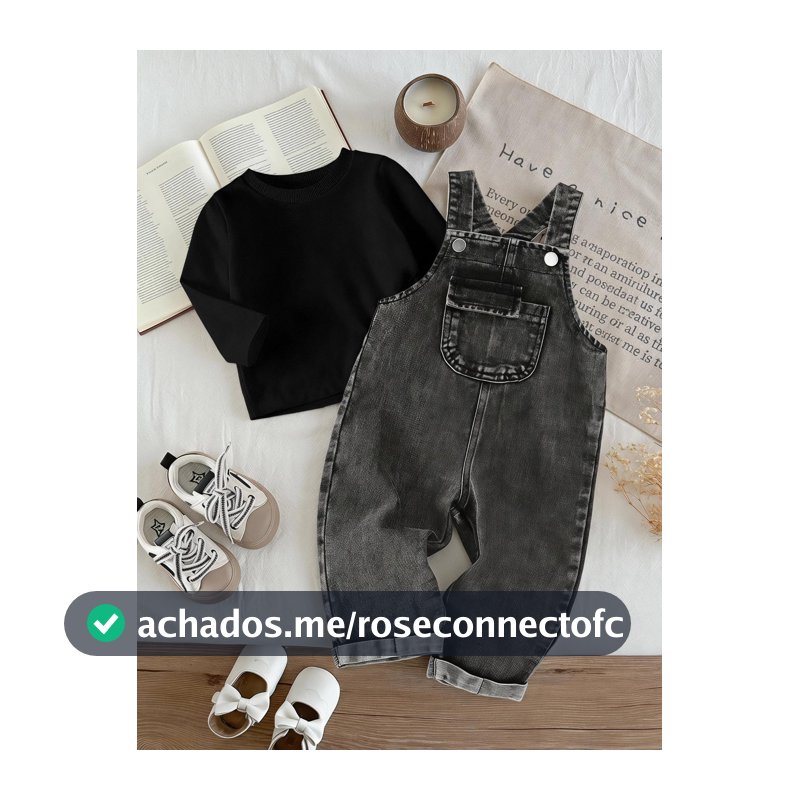 SHEIN Conjunto de 2 Peças para Menino Bebê com Top de Gola Redonda em Cor Sólida e Calça Jardineira Casual, Macacão Vintage em Denim Denim, Roupa de Outono
