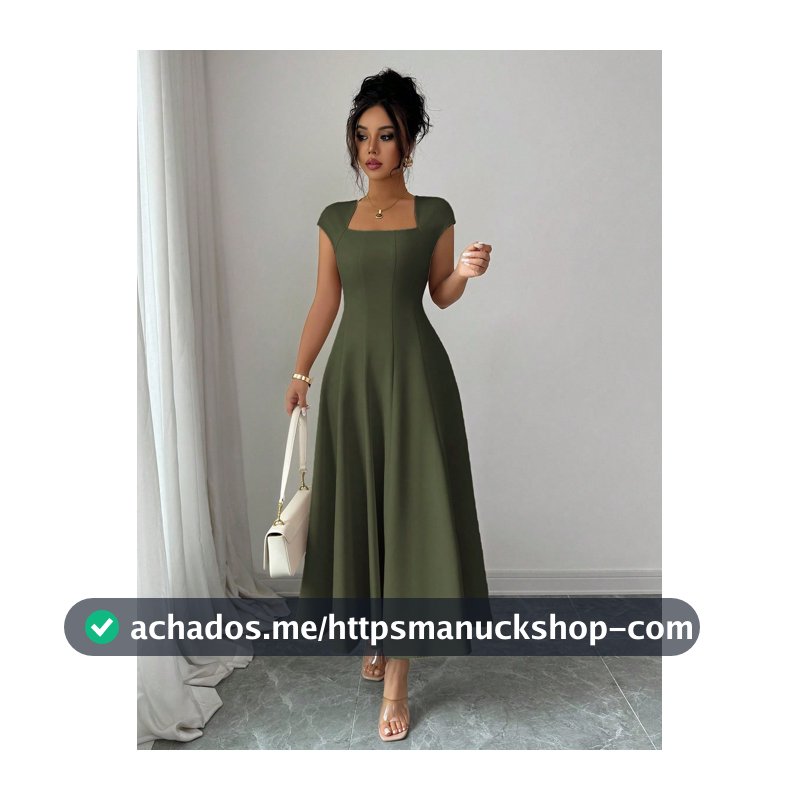 Elenzga Vestido Midi Elegante Feminino Verde Oliva com Decote Quadrado, Cintura Marcada, Recorte, Evasê, Manga Curta, para Festa do Chá de Verão, Trabalho, Praia, Férias, Festival de Música & Cerveja