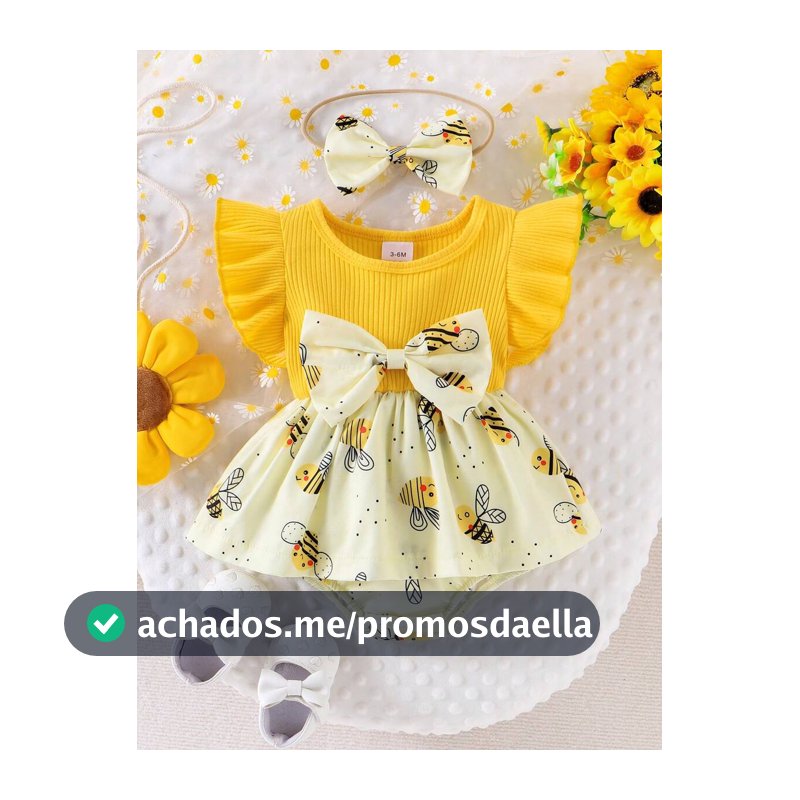 2 Peças Conjunto de Vestido Bodysuit Casual com Listras e Patch de Abelha, Cintura Marcada, para Bebê Menina, com Faixa de Cabeça