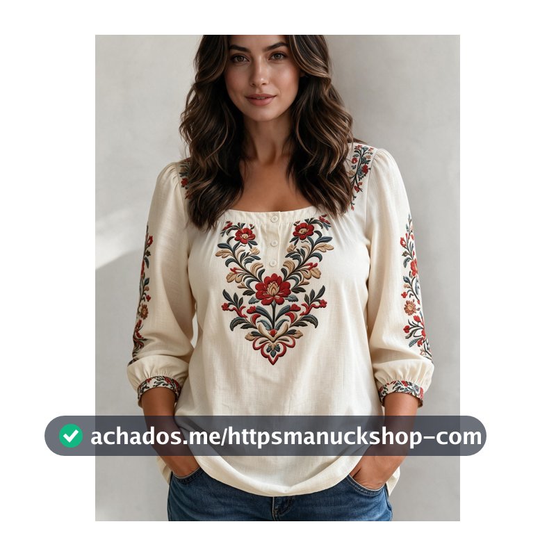 Linhara CURVE Blusa Feminina Plus Size Primavera/Verão Casual Férias Decote Quadrado Botões Manga Média Cor Sólida, Adequada para Uso Diário e Férias