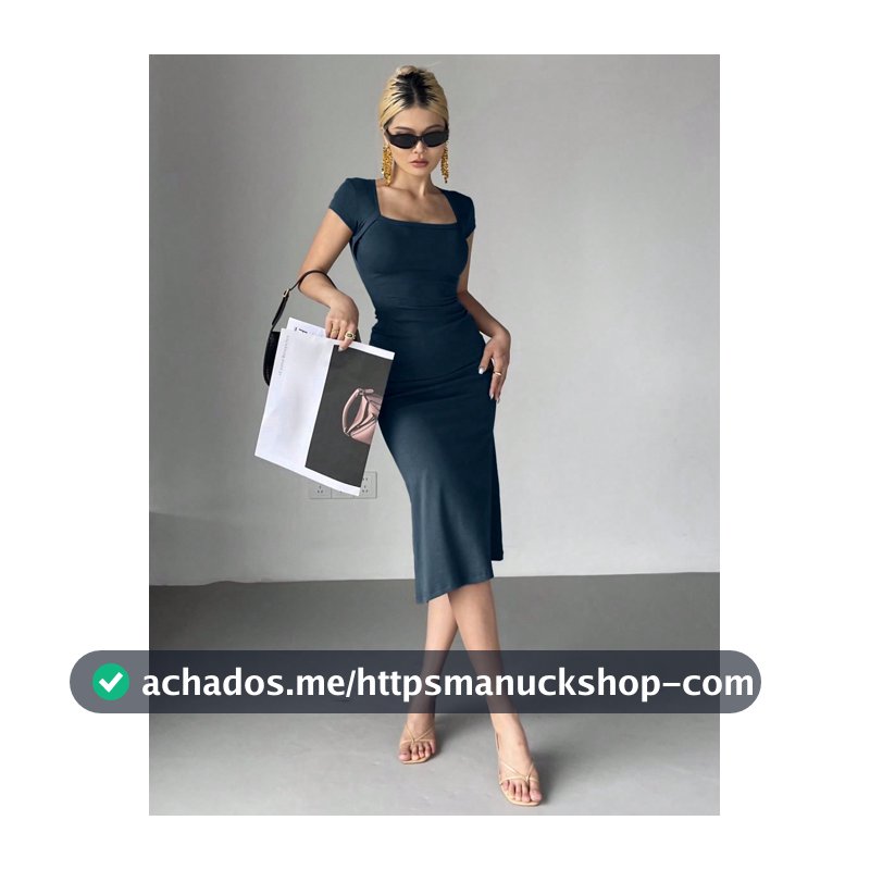 DAZY Vestido Midi Envelope de Cor Sólida com Decote Quadrado e Bainha Sereia, Vestido de Coquetel