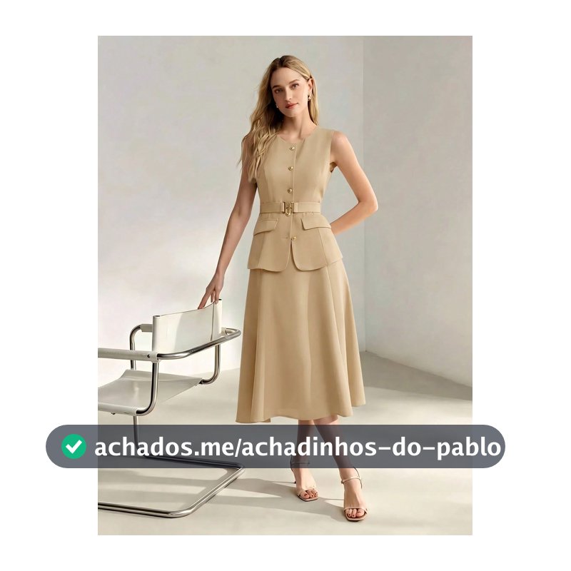 MOTF PREMIUM Vestido com Cintura Peplum, Barra Flare e Cinto, Conjunto