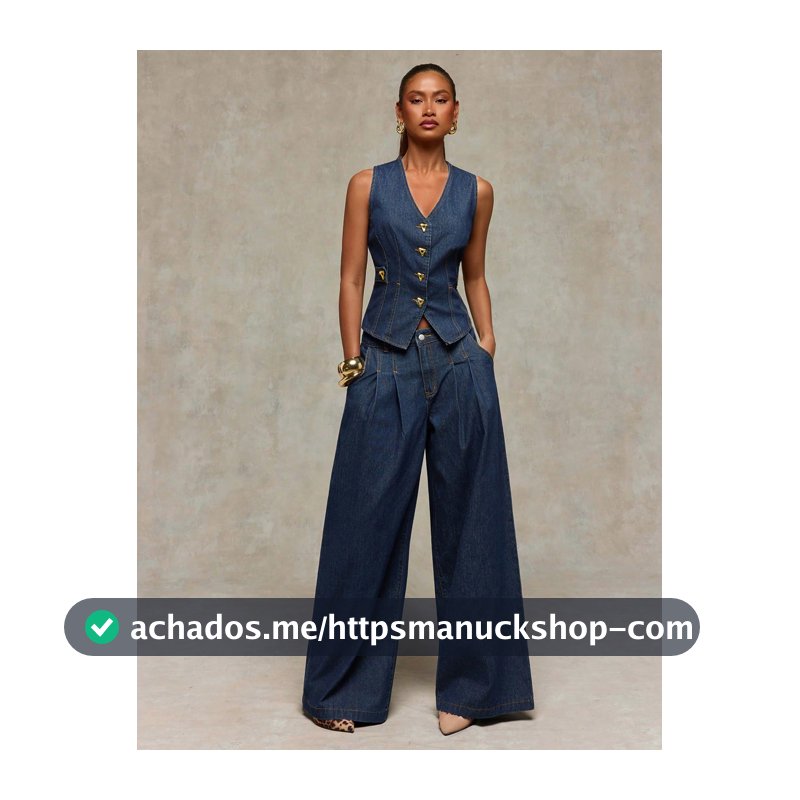 Normani Conjunto Casual de Denim com Colete de Metal com Decote em V e Botão Único e Calça Pantalona para Mulheres
