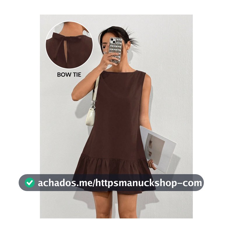 SHEIN EZwear Vestido Mini Elegante Marrom Café de Verão para Mulheres, Vestido de Verão Fofo Sem Mangas com Cintura Baixa, Laço e Bainha com Babados, Vestido de Brunch Chocolate Tecido
