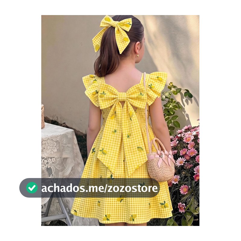 SHEIN LMoss Kids Vestido Xadrez de Verão para Meninas Jovens, Estampa de Limão em Xadrez Amarelo Pastel Estilo Fada, Detalhe de Laço nas Costas com Manga Bufante, Combinando para Férias em Família, Feriado