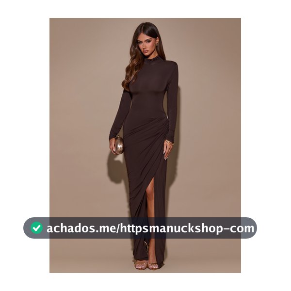 SHEIN BAE Vestido Longo de Manga Comprida com Gola Alta Franzida e Fenda Alta, Ajustado ao Corpo, Marrom Escuro, para Outono/Inverno, Festa Noturna de Ação de Graças, Natal e Ano Novo