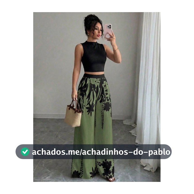 Novo Conjunto Casual de Top e Calça Colorblock Feminino, Calça Elegante de Cintura Alta, Solta e Perna Larga, Efeito Emagrecedor, Roupas Femininas para Primavera, Verão e Outono