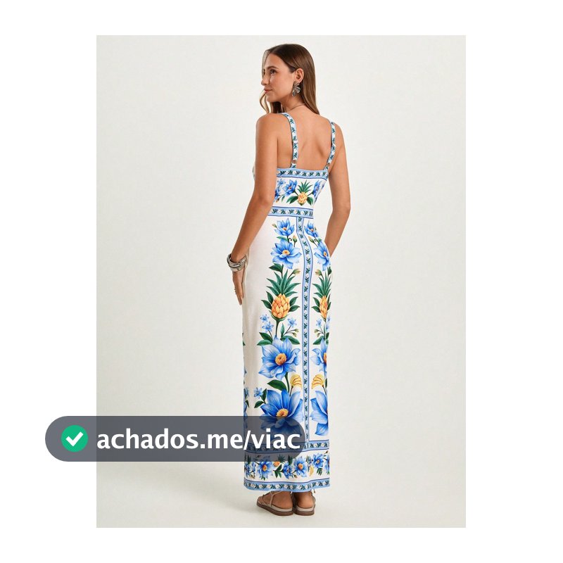 CAJUNI x Carol Peixinho Vestido Midi Romântico Casual de Férias Tropical com Estampa Floral de Abacaxi para Mulheres, Adequado para Encontros, Praia, Elegante, Floral Branco de Verão