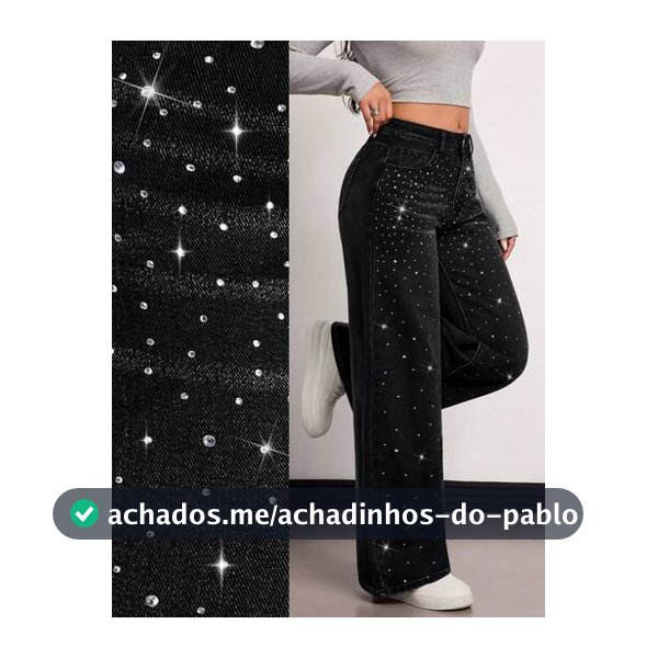 SHEIN Tall Calça Denim Feminina Casual Solta Reta Cintura Média Brilhante com Design de Strass Cintilante para Festa Carnaval Dia dos Namorados Moda Verão e Primavera para Mulheres Altas