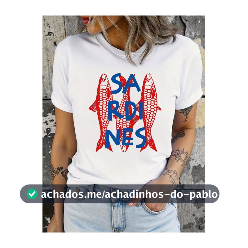 SHEIN Camiseta Feminina da Moda com design de peixe "Sardinha" - Manga Curta, Gola Redonda, Top Branca Casual, Mistura de Poliéster, Lavável em Máquina, Camiseta Pullover, Top Estiloso e Vanguardista