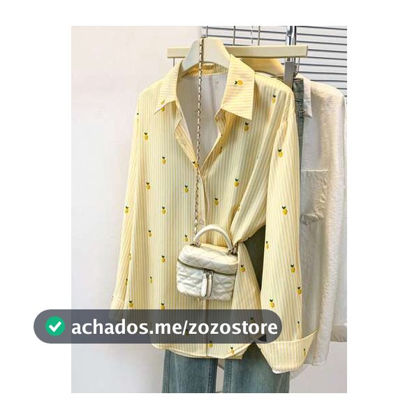 Top Feminina de Manga Longa com Gola de Camisa, Estampa de Limão e Listras, Top Casual para Trabalho, Escritório, Deslocamento, Férias, Casa, Primavera, Verão, Outono e Inverno