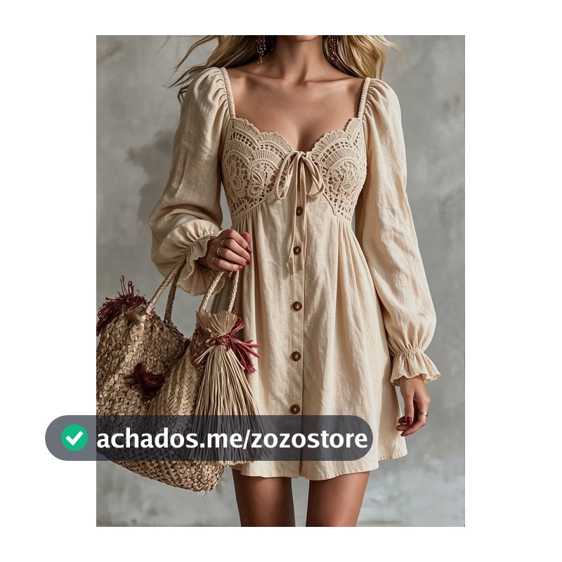 SHEIN Vestido com Painel de Renda Guipure, Nó na Frente e Manga com Babado