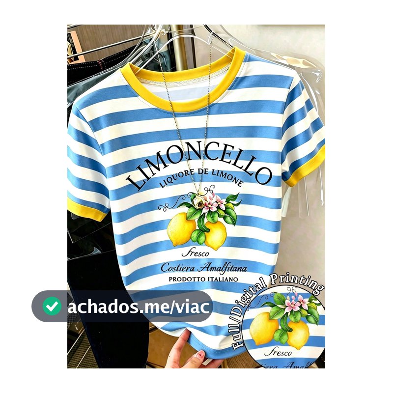 Camiseta Feminina Casual de Manga Curta com Gola Redonda, Estampa Gráfica de Limão Limoncello com Listras Amarelas e Contraste de Cores, Verão