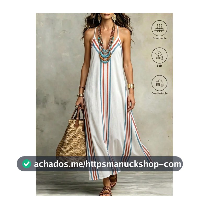 SHEIN Holidaya Vestido Casual Estilo Boêmio Feminino com Estampa Colorida de Listras, Decote em V e Alças Finas, Vestido Branco de Praia, Vestido de Verão Estilo Boêmio, Vestido Longo Feminino, Roupa Estilo Mediterrâneo, Vestido Boêmio, Vestido Branco de Praia Feminino, Roupa de Resort Feminina, Ves...