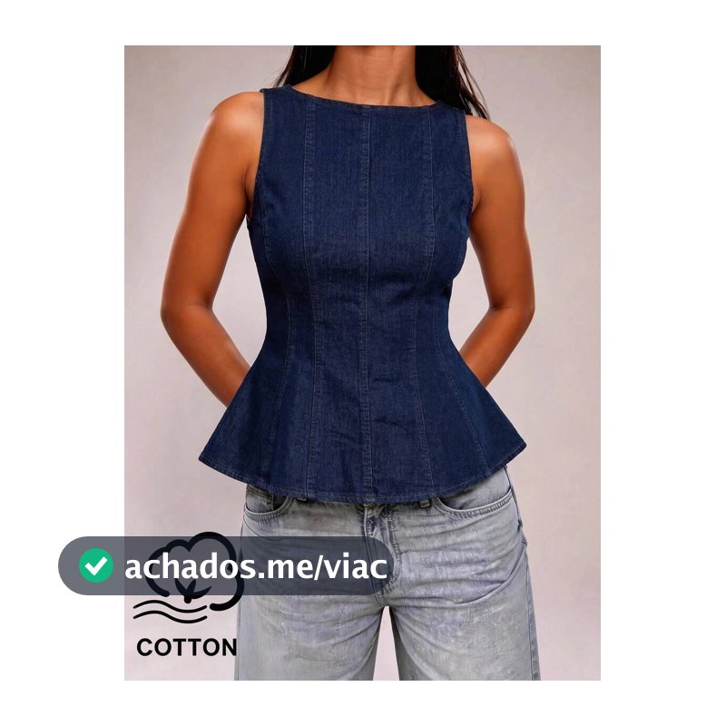 SHEIN BAE Elegante e Fashionable Top Denim Azul-Índigo com Decote em V e Babados sem Mangas