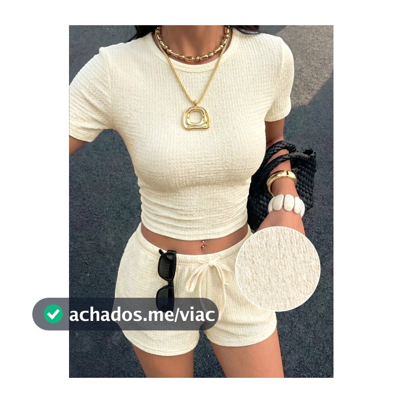 SHEIN EZwear Conjunto Casual de Camiseta de Manga Curta de Gola Redonda Minimalista e Shorts com Cordão na Cintura em Tricô Cor de Damasco para Mulheres